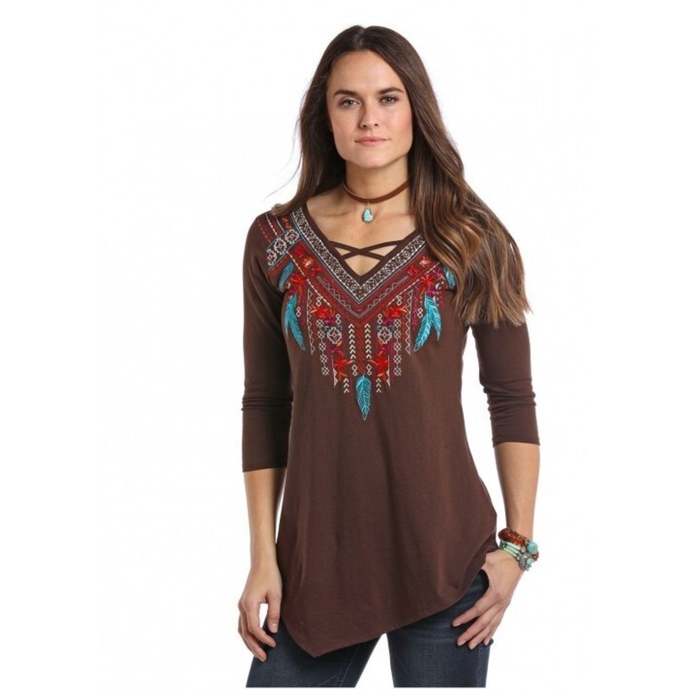 PANHANDLE Sz Small Brown Embroidered Floral‎ Feathers GUADALUPE  3/4 Sleeve Top